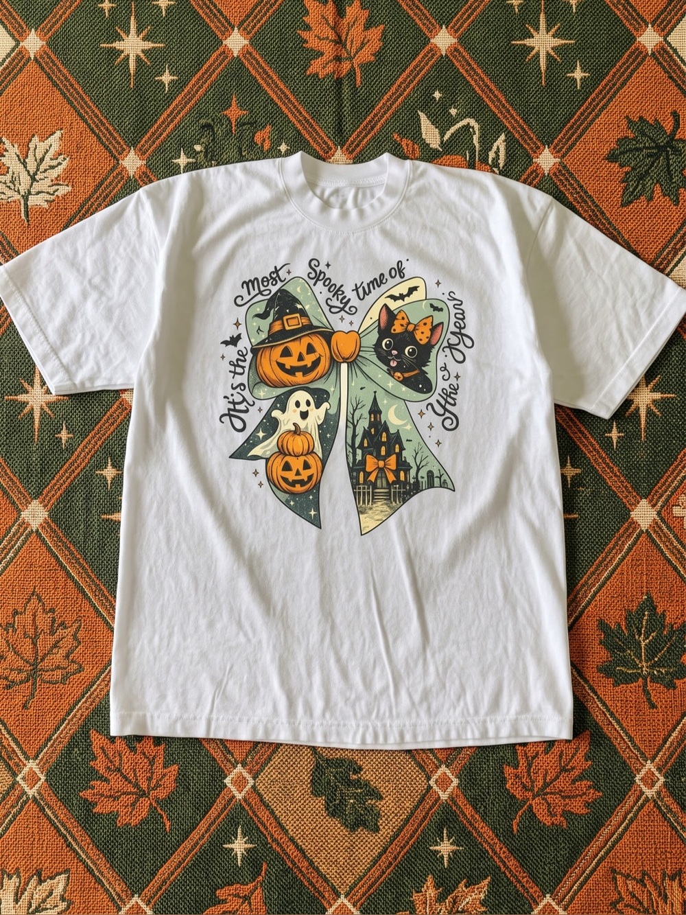 Spooky Time Coquette Bow Graphic Tee - Halloween Pumpkin Ghost White T-Shirt